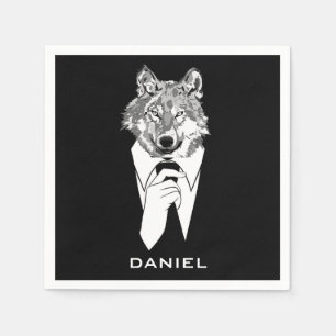 Serviettes Jetables Loup hipster drôle avec smoking noir personnalisé