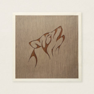 Serviettes Jetables Loup howling gravé sur la conception du bois