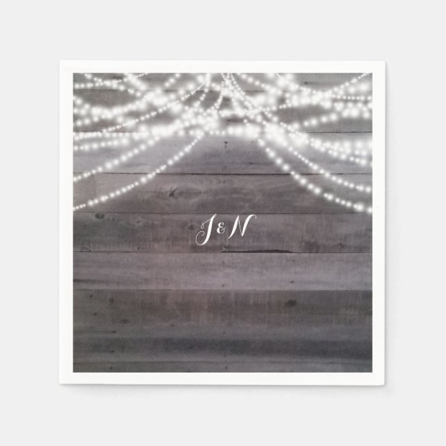 Serviettes Jetables Lumières à cordes blanches et Mariage en bois rust (Devant)