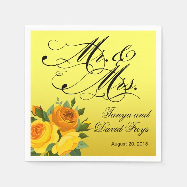 Serviettes Jetables M. & Mme Script Typographie Rose jaune floral (Devant)