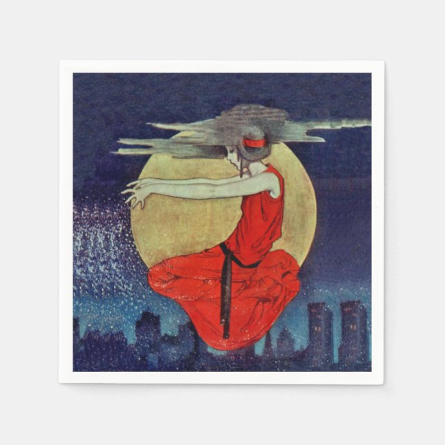 Serviettes Jetables Magic Flottant Femme Lune Nuit Ciel Sorcière (Devant)