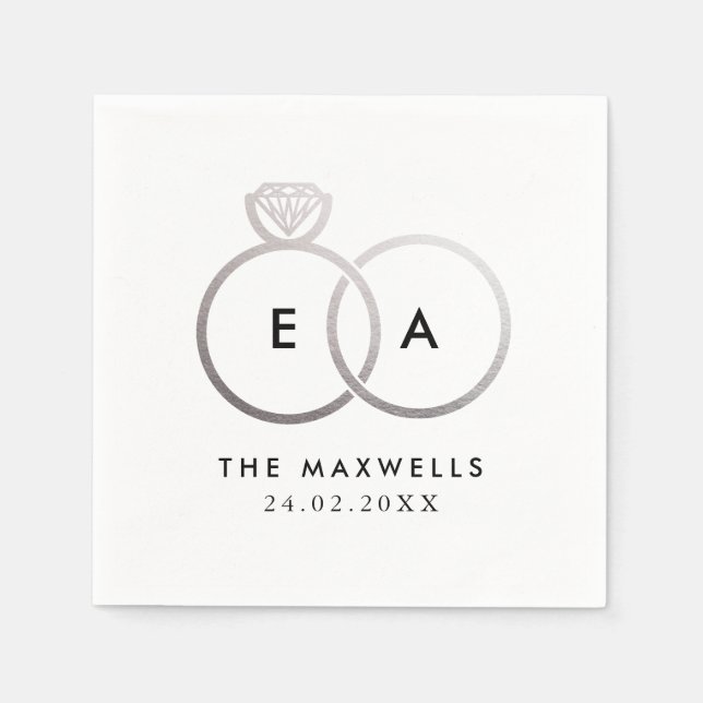 Serviettes Jetables Mariage Argent moderne Anneaux Cocktail Napkin (Devant)