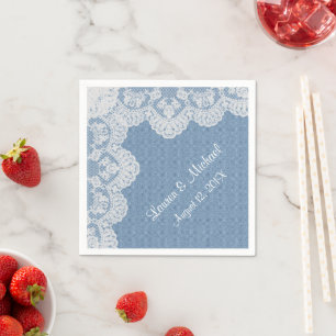 Serviettes Jetables Mariage bleu Denim et dentelle