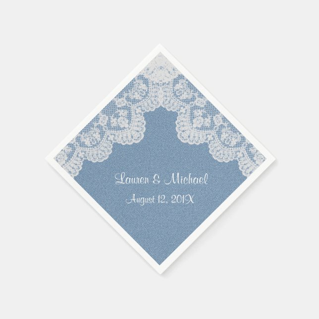 Serviettes Jetables Mariage bleu Denim et dentelle (Coin)