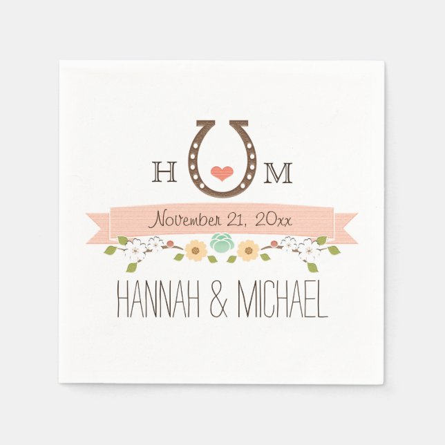 Serviettes Jetables Mariage cardiaque monogramme de fer à cheval rose (Devant)