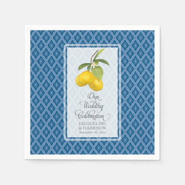 Serviettes Jetables Mariage Célébration Marine bleu Citron blanc Citru (Devant)