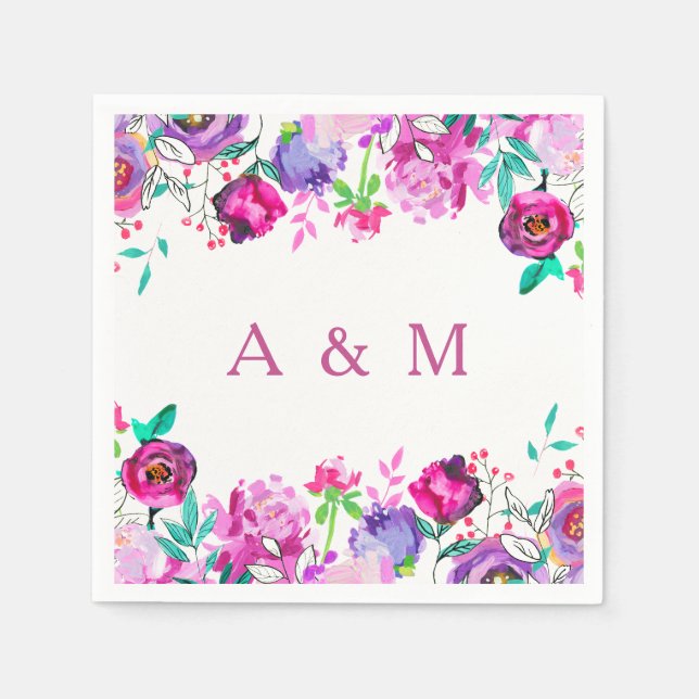 Serviettes Jetables Mariage d'aquarelle de la Monnaie rose violet (Devant)