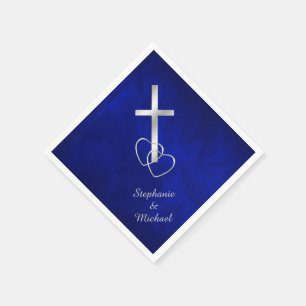 Serviettes Jetables Mariage de la Croix chrétienne d'argent bleu
