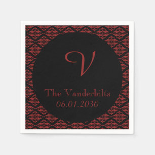Serviettes Jetables Mariage de monogramme rouge et noir Damask