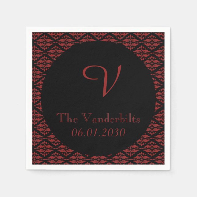 Serviettes Jetables Mariage de monogramme rouge et noir Damask (Devant)