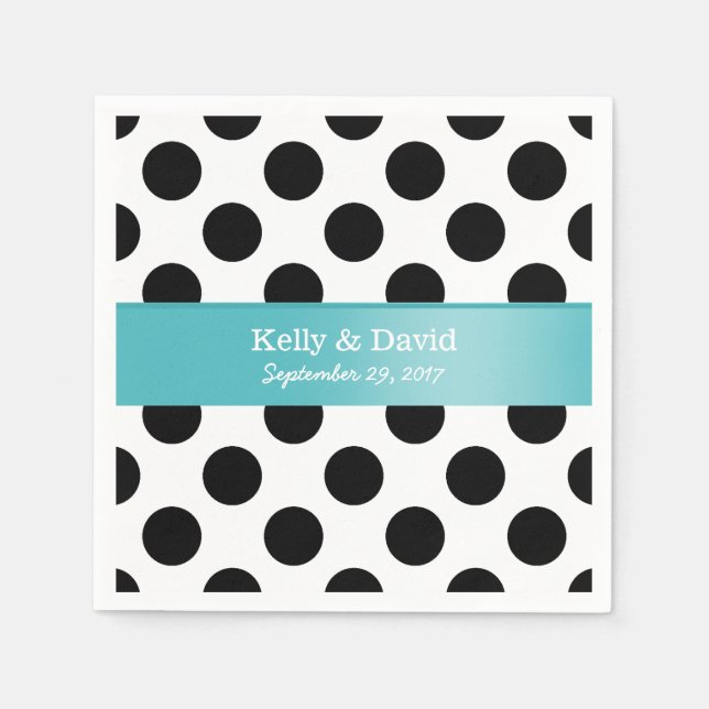 Serviettes Jetables Mariage de ruban Turquoise Pois noir et blanc (Devant)
