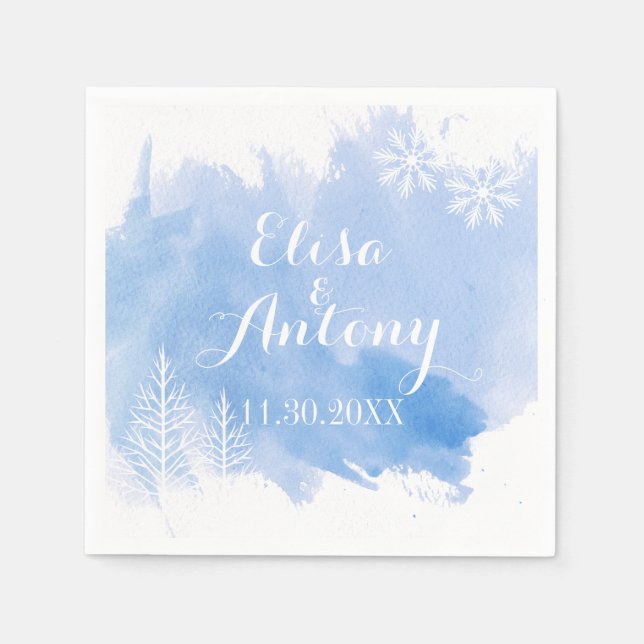 Serviettes Jetables Mariage d'hiver bleu d'aquarelle (Devant)