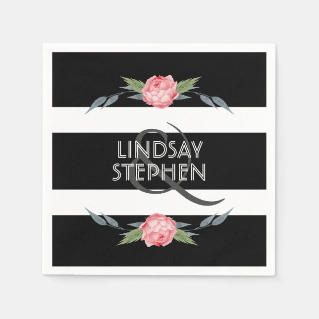 Serviettes Jetables Mariage floral rose noir et blanc élégant (Devant)