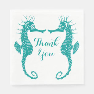 Serviettes Jetables Mariage Hippocampe Turquoise Bleu Vert Merci Plage