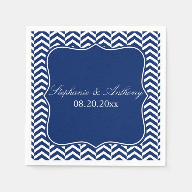 Serviettes Jetables Mariage Motif Monogram Royal Blue Chevron (Devant)