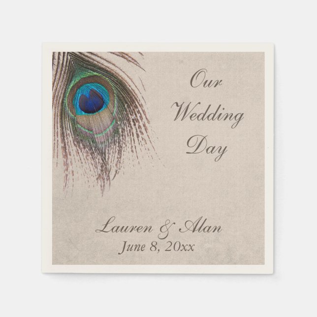 Serviettes Jetables Mariage personnalisé Peacock Feather (Devant)