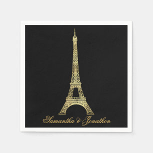 Serviettes Jetables Mariage Tour Eiffel Parisien Noir et Or