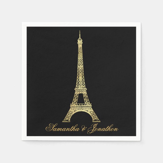 Serviettes Jetables Mariage Tour Eiffel Parisien Noir et Or (Devant)