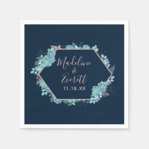 Serviettes Jetables Marine Blue Succulents & Rose Gold Mariage Monogra