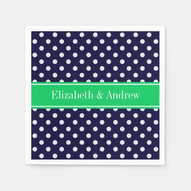 Serviettes Jetables Marine Blue Wt Polka Dot Emerald Nom vert Monogram (Devant)
