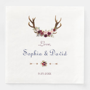 Serviettes Jetables Marsala Floral Antlers Mariage de automne bleu mar