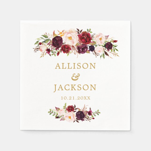 Serviettes Jetables Marsala Gold Fleurs rouges Monogram Mariage Napkin (Devant)