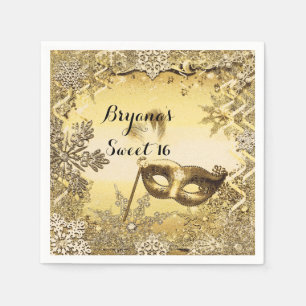 Serviettes Jetables Mascarade d'or Masque & Snowflakes d'hiver élégant