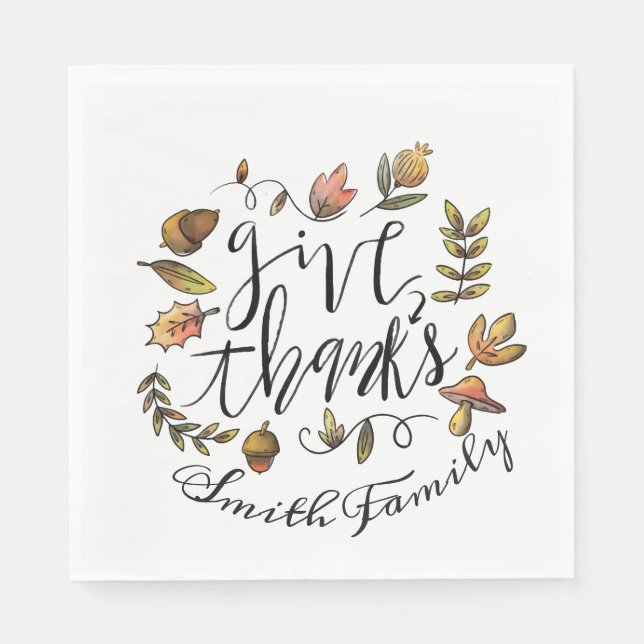 Serviettes Jetables Merci. Fête de la famille de Thanksgiving. (Devant)