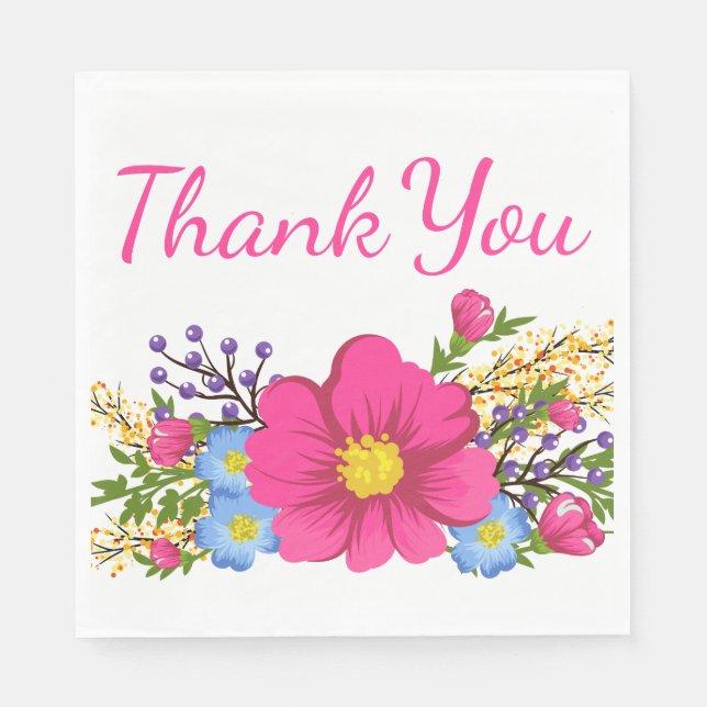 Serviettes Jetables Merci floral rose Magenta Aquarelle Fleurs (Devant)