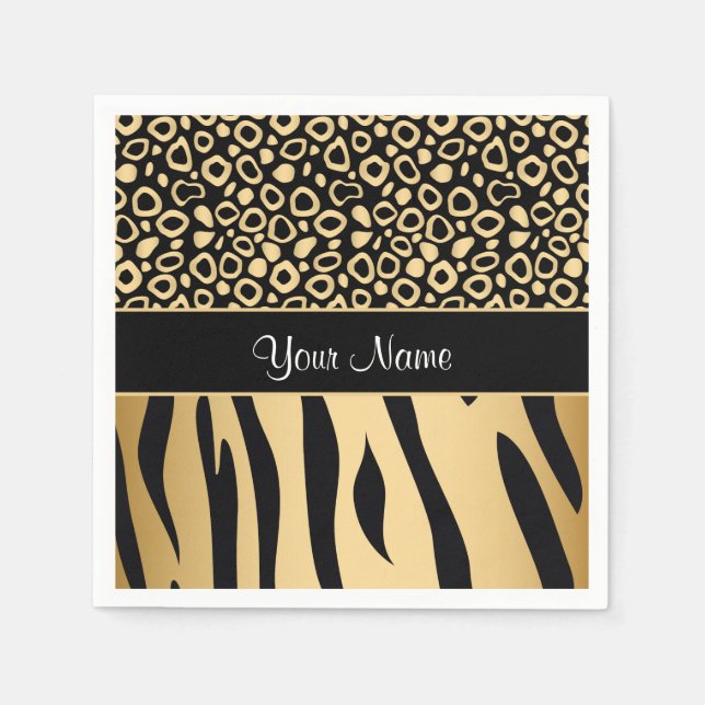 Serviettes Jetables Modèle Leopard noir et or et Zèbre (Devant)