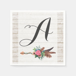 Serviettes Jetables Monogramme Bohème Rustique Plumes Flèche Mariage