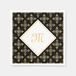 Serviettes Jetables Monogramme de luxe Noir et Or Quatre Floral