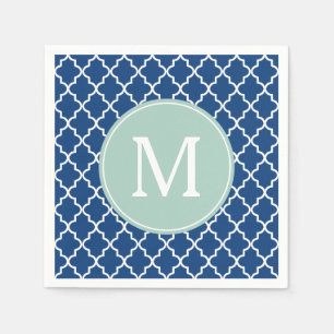 Serviettes Jetables Monogramme de Quatrefoil bleu marine et vert menth