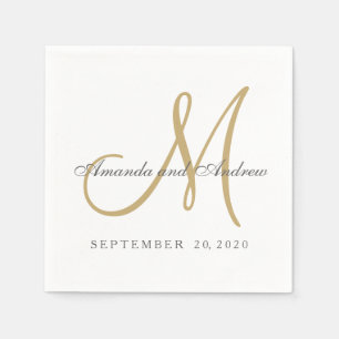 Serviettes Jetables Monogramme d'or blanc gris classique Mariage éléga