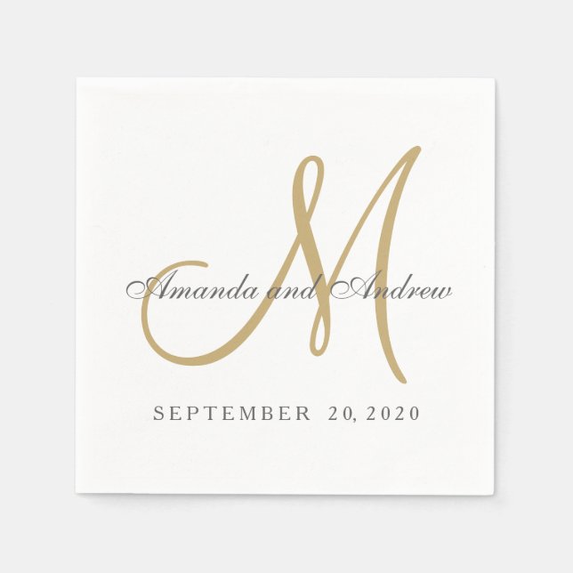 Serviettes Jetables Monogramme d'or blanc gris classique Mariage éléga (Devant)