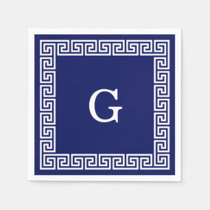 Serviettes Jetables Monogramme encadré clé grecque blanc bleu marine #