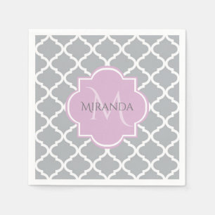 Serviettes Jetables Monogramme et nom de la lavande de Quatrefoil gris