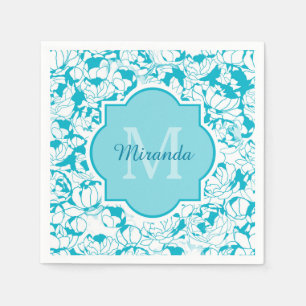 Serviettes Jetables Monogramme Floral Turquoise Moderne Avec Nom