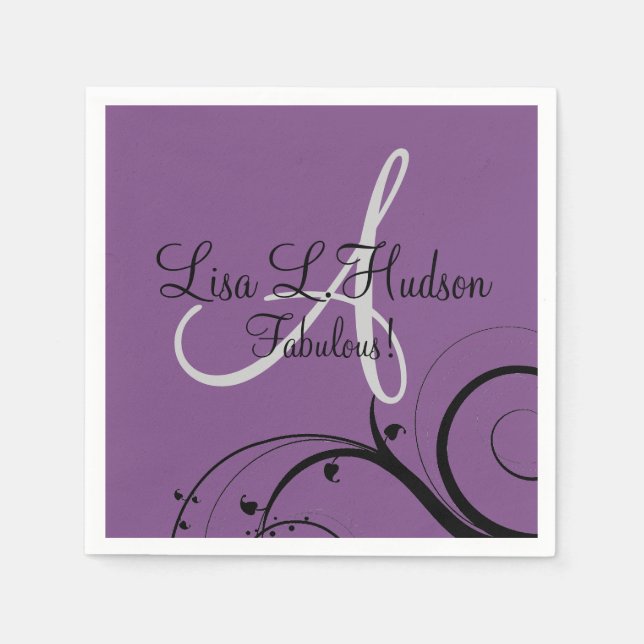 Serviettes Jetables Monogramme gris violet Black Swirls 50e anniversai (Devant)