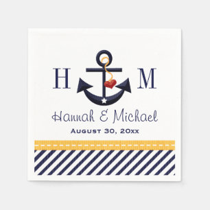 Serviettes Jetables Monogramme Jaune et Ancre marine Mariage nautique
