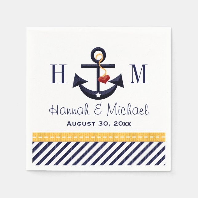 Serviettes Jetables Monogramme Jaune et Ancre marine Mariage nautique (Devant)