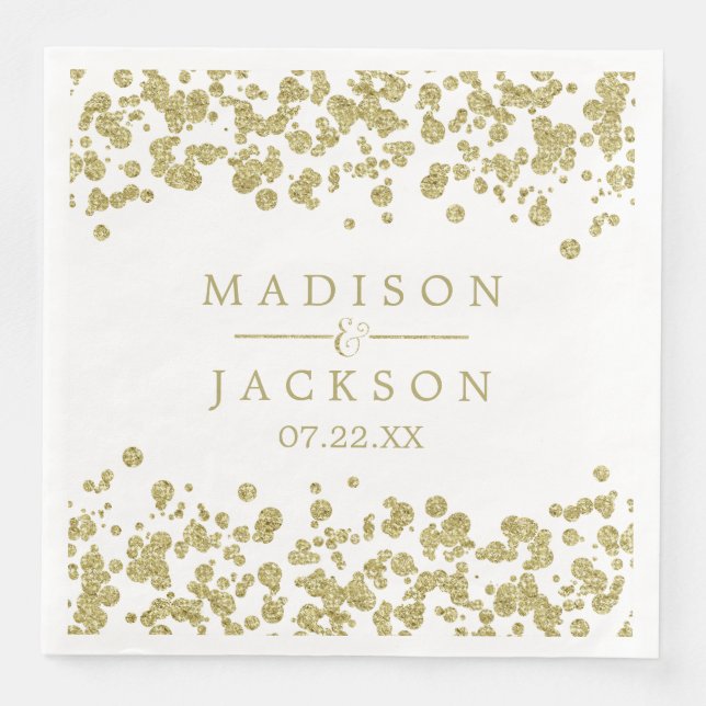 Serviettes Jetables Monogramme Mariage Confetti Blanc & Or (Devant)