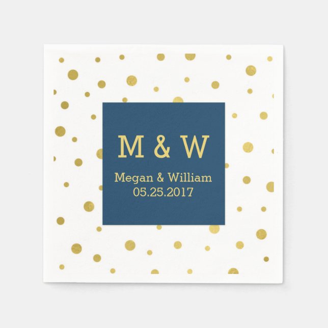 Serviettes Jetables Monogramme Mariage de Confetti en or bleu marine (Devant)