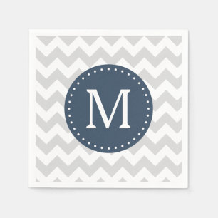 Serviettes Jetables Monogramme personnalisé gris et bleu marine Chevro