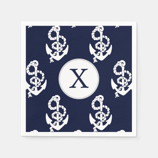 Serviettes Jetables Monogramme personnalisé Marine Ancre bleue Nautiqu (Devant)