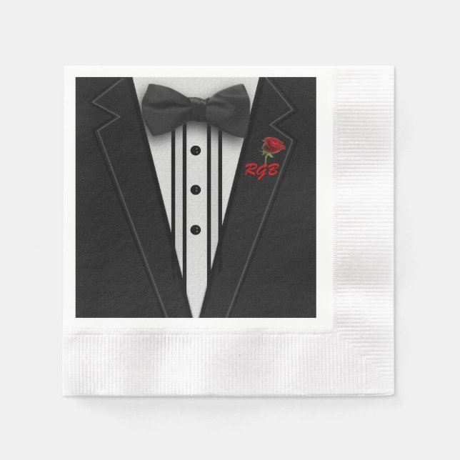 Serviettes Jetables Monogramme Tuxedo avec Rose (Devant)