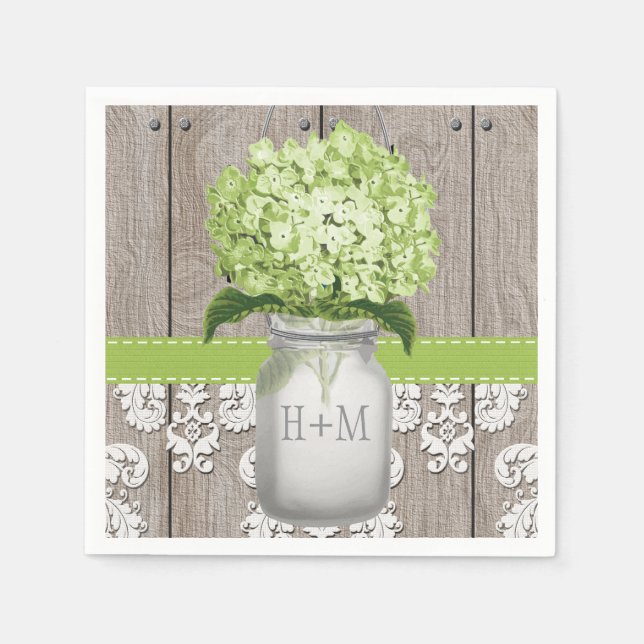 Serviettes Jetables Monogramme vert Hydrangea Mason Jar (Devant)