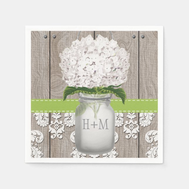 Serviettes Jetables Monogramme vert Hydrangea Mason Jar (Devant)