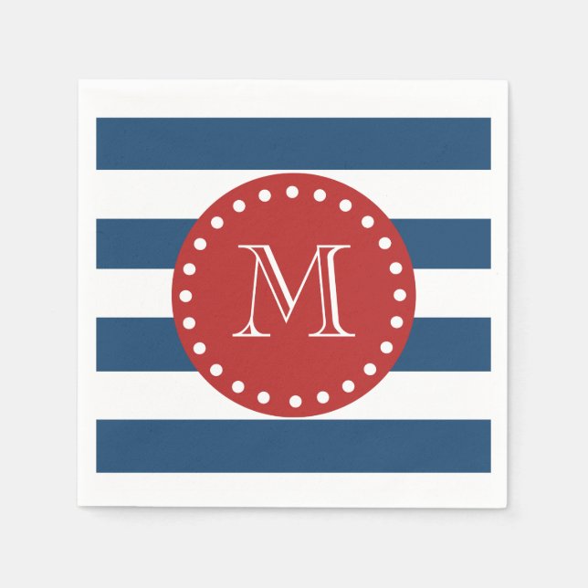 Serviettes Jetables Motif bleu bleu blanc, Monogramme rouge (Devant)
