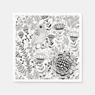 Serviettes Jetables Motif de doodle d'oiseaux et de fleurs